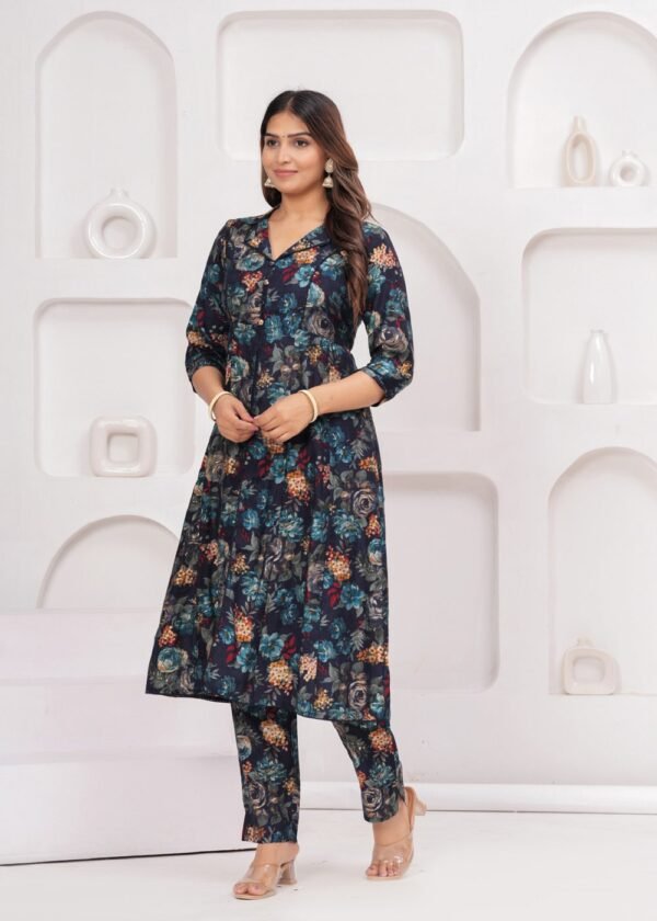 Dark Navy Blue 2 Piece Kurta Set in Muslin Fabric  