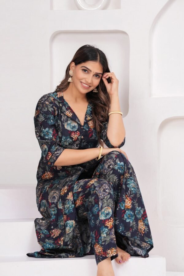 Dark Navy Blue 2 Piece Kurta Set in Muslin Fabric  