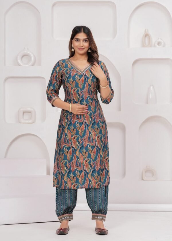 Muslin Jazzy Blue 3 Piece Suit Set in Leaf And Zigzag Print  