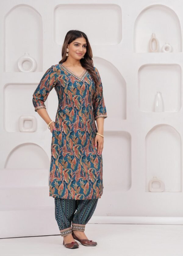 Muslin Jazzy Blue 3 Piece Suit Set in Leaf And Zigzag Print  