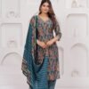 Muslin Jazzy Blue 3 Piece Suit Set in Leaf And Zigzag Print  