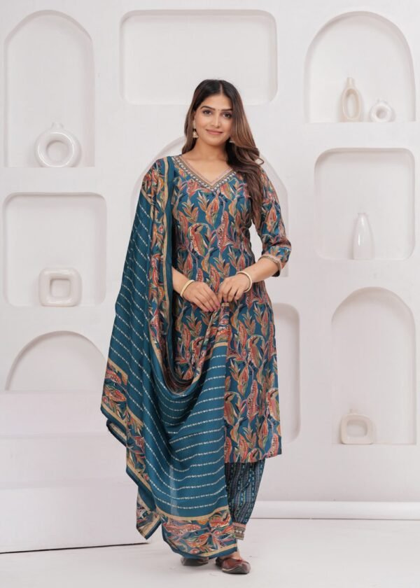 Muslin Jazzy Blue 3 Piece Suit Set in Leaf And Zigzag Print  