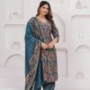 Muslin Jazzy Blue 3 Piece Suit Set in Leaf And Zigzag Print  