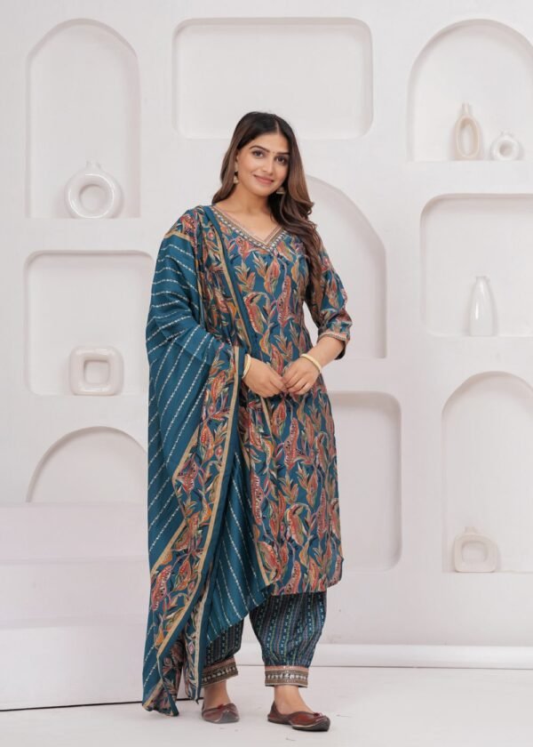 Muslin Jazzy Blue 3 Piece Suit Set in Leaf And Zigzag Print  