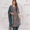 Muslin Jazzy Blue 3 Piece Suit Set in Leaf And Zigzag Print  