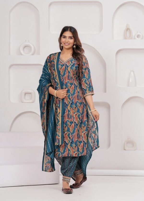 Muslin Jazzy Blue 3 Piece Suit Set in Leaf And Zigzag Print  