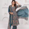 Muslin Jazzy Blue 3 Piece Suit Set in Leaf And Zigzag Print  