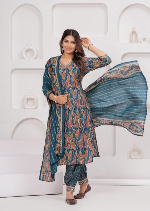 Muslin Jazzy Blue 3 Piece Suit Set in Leaf And Zigzag Print  