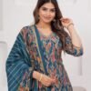 Muslin Jazzy Blue 3 Piece Suit Set in Leaf And Zigzag Print  