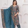 Muslin Jazzy Blue 3 Piece Suit Set in Leaf And Zigzag Print  