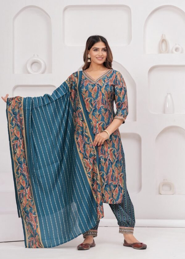 Muslin Jazzy Blue 3 Piece Suit Set in Leaf And Zigzag Print  