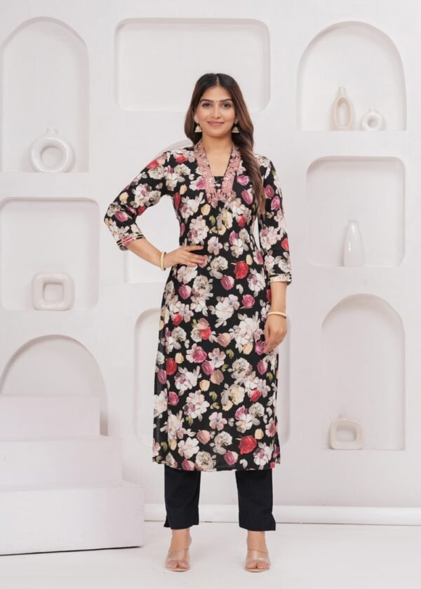 Muslin Digital Charcoal Black and Mix Floral Printed 2 Piece  Women's Kurta Set  