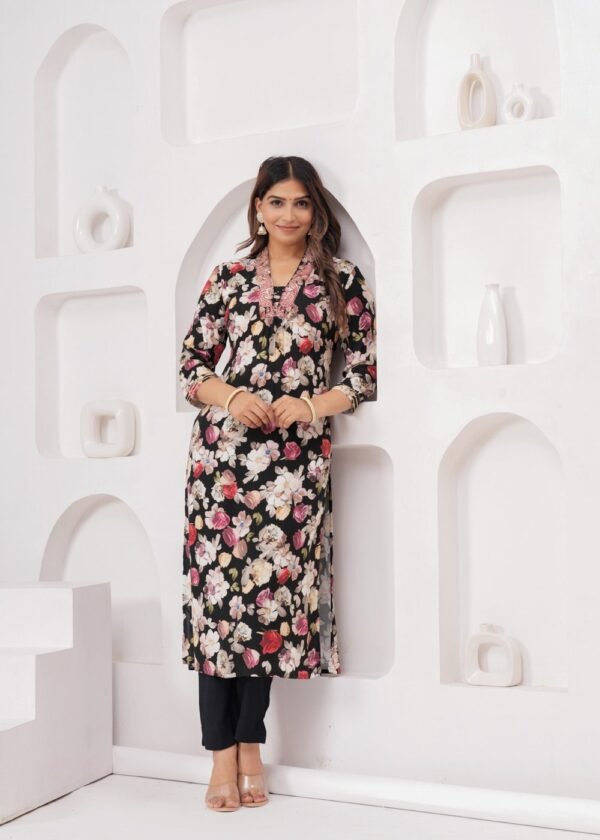 Muslin Digital Charcoal Black and Mix Floral Printed 2 Piece  Women's Kurta Set  