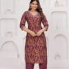 Muslin Berry Purple 3 Piece Suit Set in Leaf And Zigzag Print  