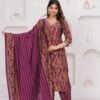 Muslin Berry Purple 3 Piece Suit Set in Leaf And Zigzag Print  