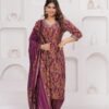 Muslin Berry Purple 3 Piece Suit Set in Leaf And Zigzag Print  