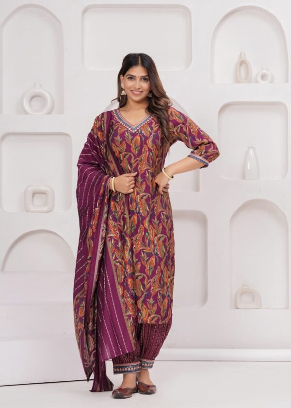 Muslin Berry Purple 3 Piece Suit Set in Leaf And Zigzag Print  