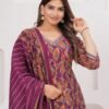 Muslin Berry Purple 3 Piece Suit Set in Leaf And Zigzag Print  