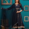 Navy Blue Traditional Embroidered Anarkali Palazzo Style Suit in Cotton Muslin Fabric  