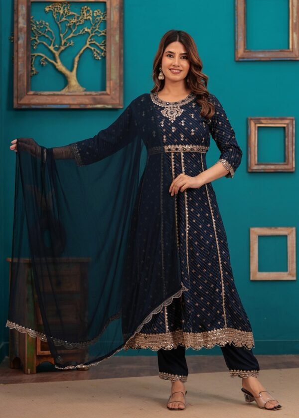 Navy Blue Traditional Embroidered Anarkali Palazzo Style Suit in Cotton Muslin Fabric  