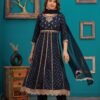 Navy Blue Traditional Embroidered Anarkali Palazzo Style Suit in Cotton Muslin Fabric  