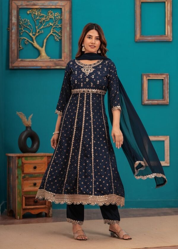 Navy Blue Traditional Embroidered Anarkali Palazzo Style Suit in Cotton Muslin Fabric  