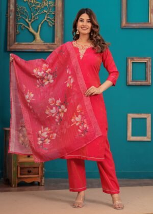 Crimson Red Women's Party Wear 3 Piece Suit Set in Shot Silk Fabric