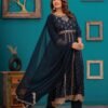 Navy Blue Traditional Embroidered Anarkali Palazzo Style Suit in Cotton Muslin Fabric  