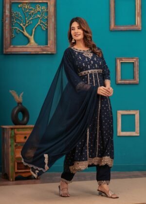 Navy Blue Traditional Embroidered Anarkali Palazzo Style Suit in Cotton Muslin Fabric