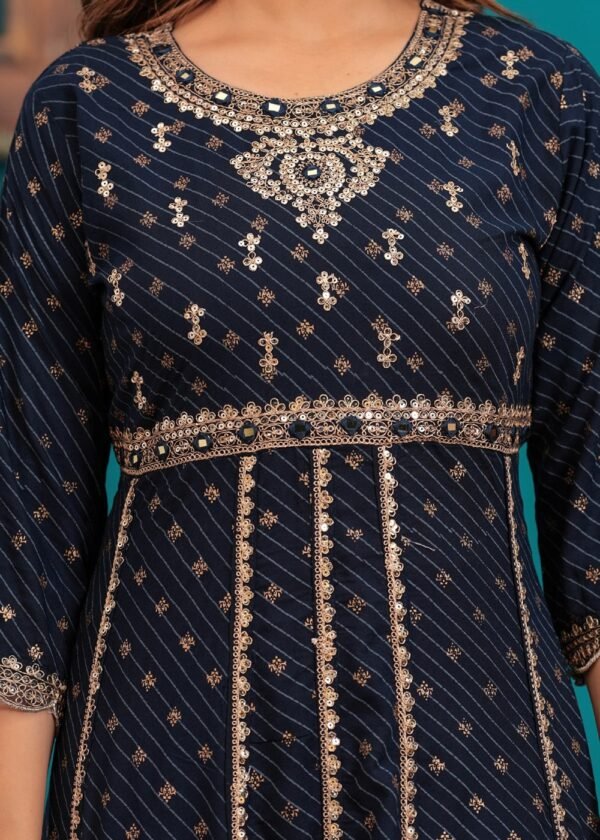 Navy Blue Traditional Embroidered Anarkali Palazzo Style Suit in Cotton Muslin Fabric  