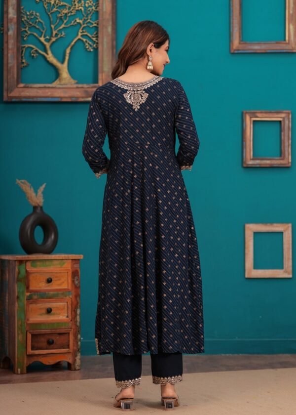 Navy Blue Traditional Embroidered Anarkali Palazzo Style Suit in Cotton Muslin Fabric  