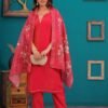 Crimson Red Women's Party Wear 3 Piece Suit Set in Shot Silk Fabric  