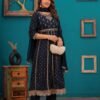 Navy Blue Traditional Embroidered Anarkali Palazzo Style Suit in Cotton Muslin Fabric  