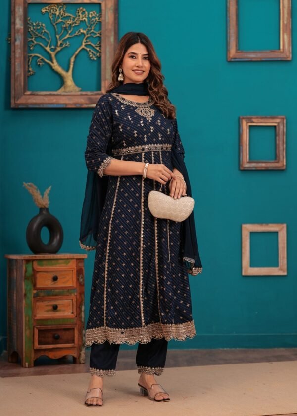 Navy Blue Traditional Embroidered Anarkali Palazzo Style Suit in Cotton Muslin Fabric  