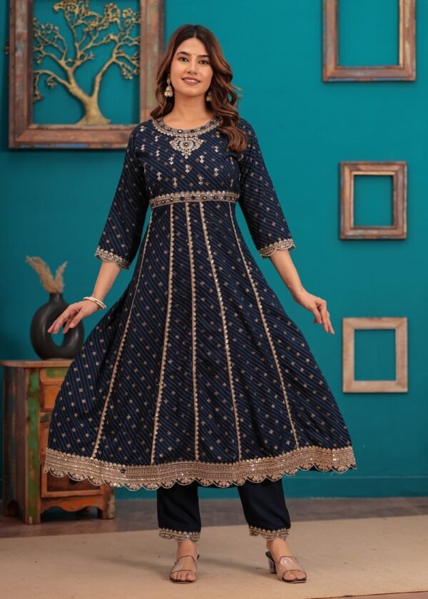 Navy Blue Traditional Embroidered Anarkali Palazzo Style Suit in Cotton Muslin Fabric  