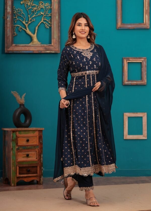 Navy Blue Traditional Embroidered Anarkali Palazzo Style Suit in Cotton Muslin Fabric  