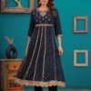 Navy Blue Traditional Embroidered Anarkali Palazzo Style Suit in Cotton Muslin Fabric  