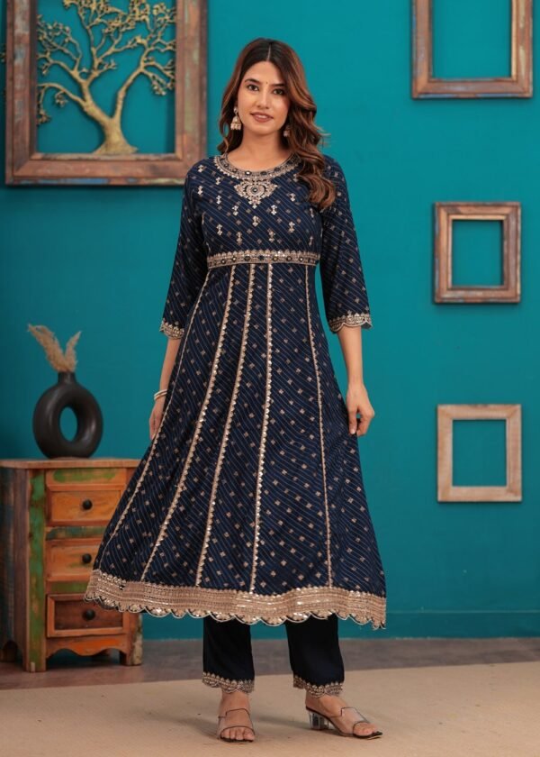 Navy Blue Traditional Embroidered Anarkali Palazzo Style Suit in Cotton Muslin Fabric  