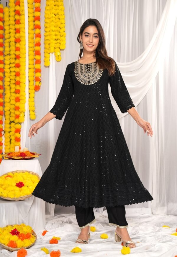 Black Trending  Anarkali 3 Piece SuitSet with Heavy Embroedery in Valvate Fabric  