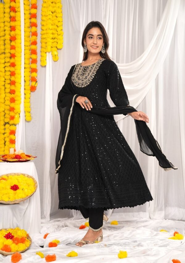 Black Trending  Anarkali 3 Piece SuitSet with Heavy Embroedery in Valvate Fabric  