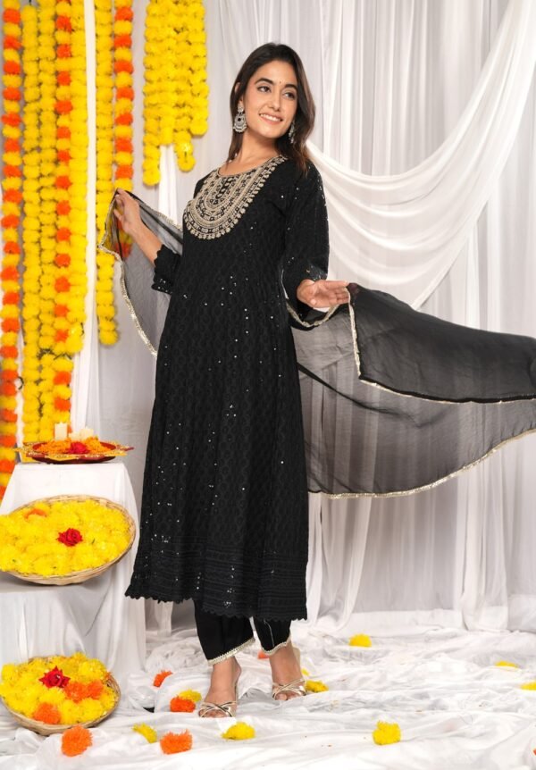 Black Trending  Anarkali 3 Piece SuitSet with Heavy Embroedery in Valvate Fabric  