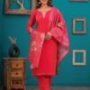 Crimson Red Women's Party Wear 3 Piece Suit Set in Shot Silk Fabric  