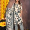 Dairy Cream Floral Suit Set with Leaf Print Pants and Textured Dupatta  