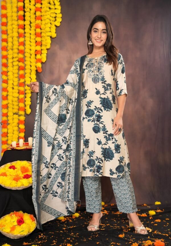 Dairy Cream Floral Suit Set with Leaf Print Pants and Textured Dupatta  