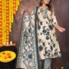 Dairy Cream Floral Suit Set with Leaf Print Pants and Textured Dupatta  