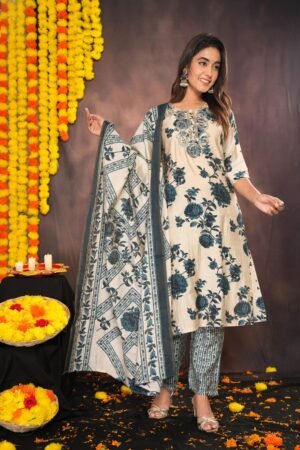 Dairy Cream Floral Suit Set with Leaf Print Pants and Textured Dupatta