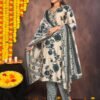 Dairy Cream Floral Suit Set with Leaf Print Pants and Textured Dupatta  