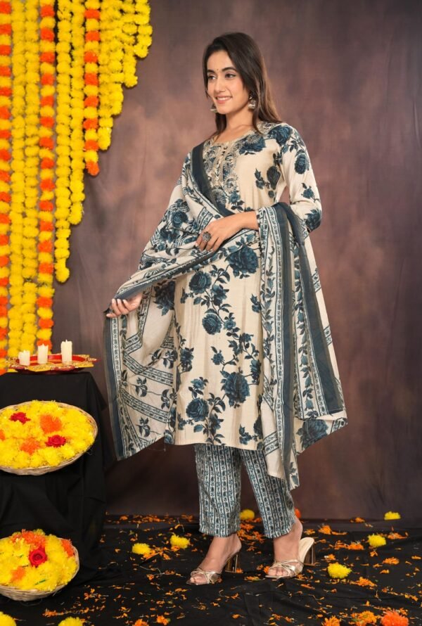 Dairy Cream Floral Suit Set with Leaf Print Pants and Textured Dupatta  