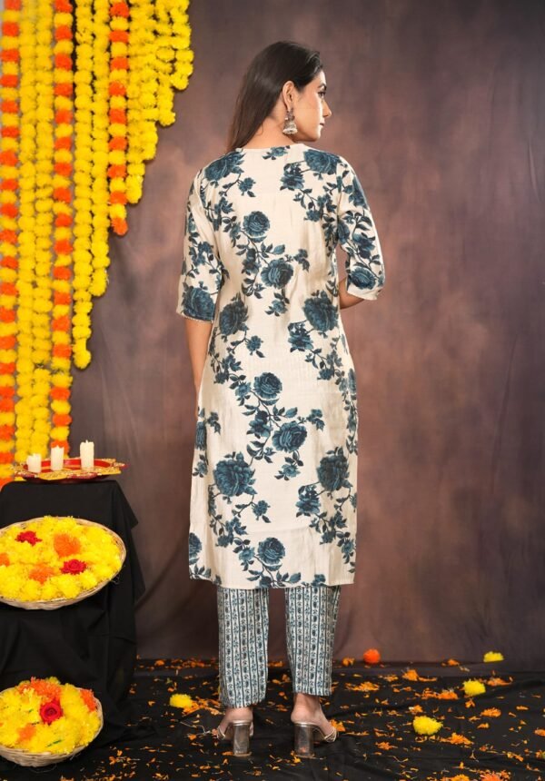 Dairy Cream Floral Suit Set with Leaf Print Pants and Textured Dupatta  