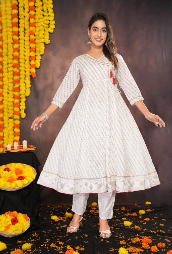 White Small Floral Buti Block Printed Cotton Suit Set  